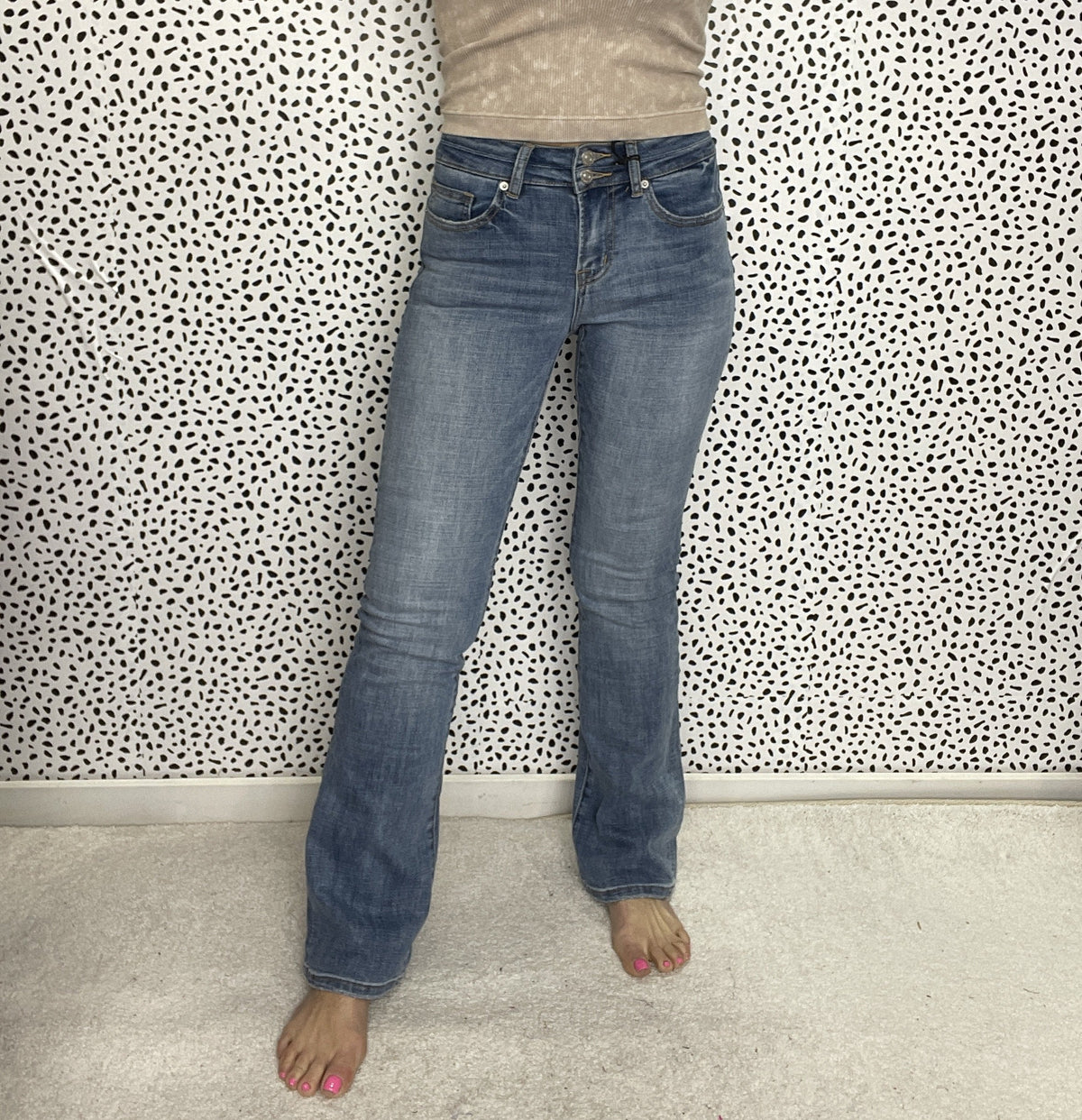 Mica Dacota Mid Rise Double Button Minimal Distress Bootcut Jeans 601