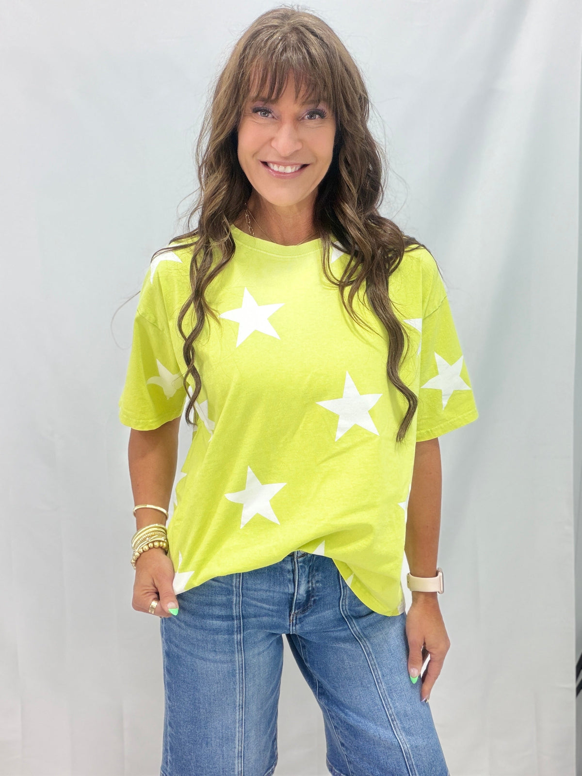 Bright Side Star Print Top In Lime
