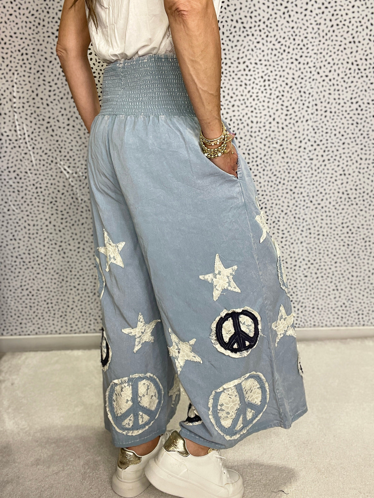 Oli & Hali Infinite Peace Washed Smocked Patchwork Pants In 2 Colors *Final Sale*