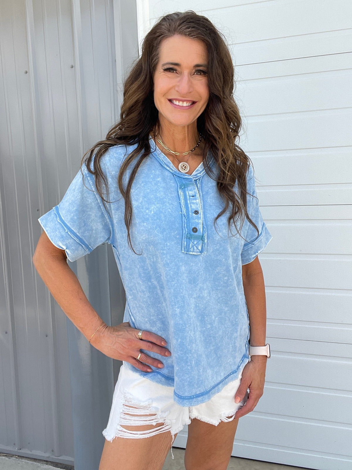 Summer Time Slip Away Henley Button Mineral Wash Short Sleeve Top in 7 Colors *Final Sale*