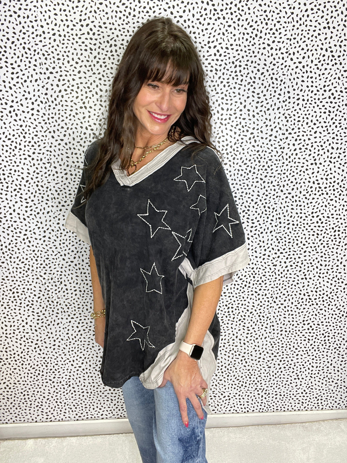 You Make A Wish Mineral Washed V-Neck Star Stitch Tunic In 2 Colors *Final Sale*