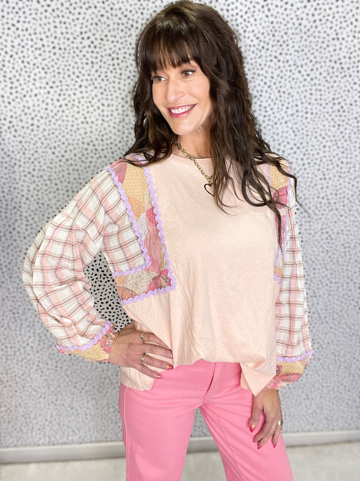 Work And Play All Day Long Sleeve Print Mix Top In 2 Colors
