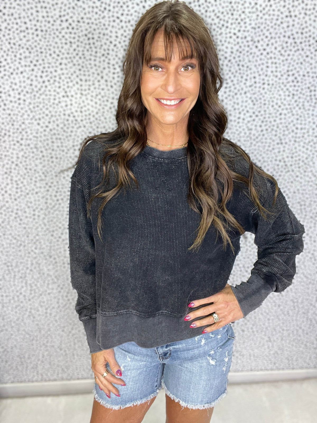 Snow Washed Mom Crop Corded Crewneck Pullover Sweatshirt in 5 Colors