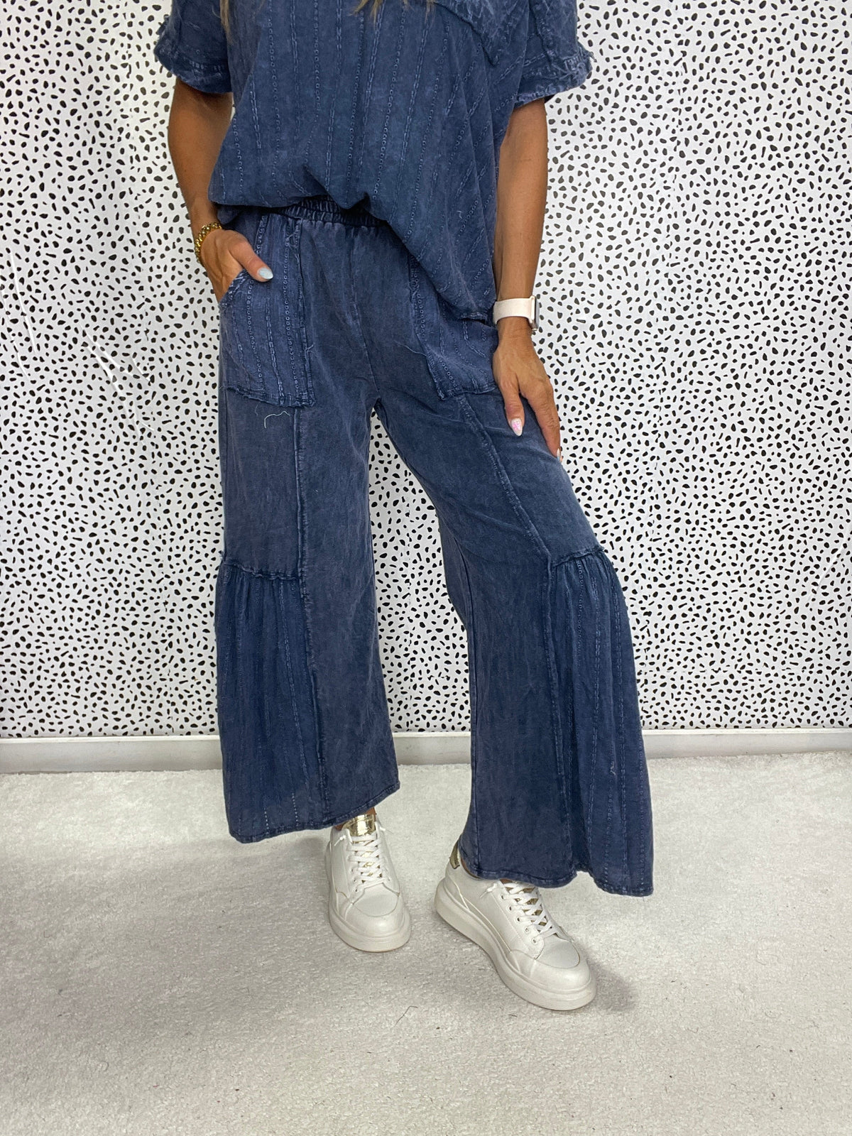 Mineral Washed Floral Eyelet Tiered Wide Leg Pants in 2 Colors *Final Sale*