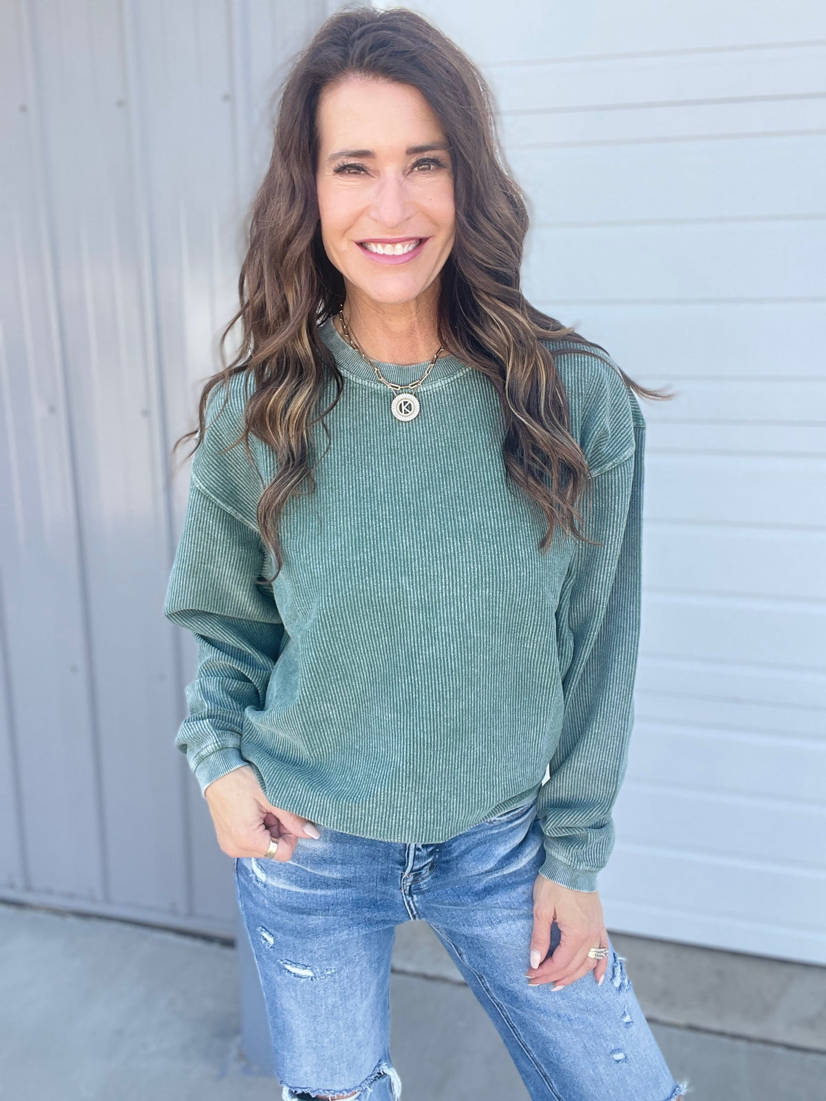 Forest Green Snow Washed Corded Crewneck Pullover Sweatshirt