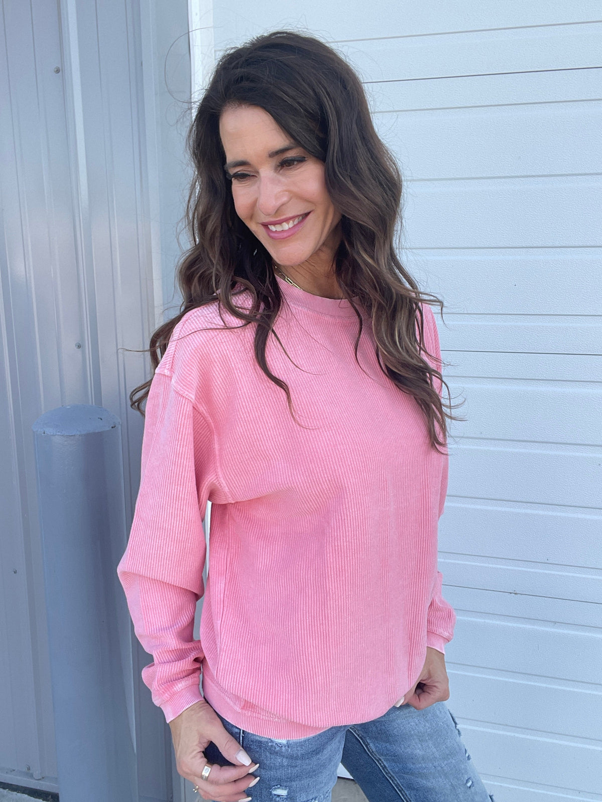 Seaside Pink Snow Washed Corded Crewneck Pullover Sweatshirt