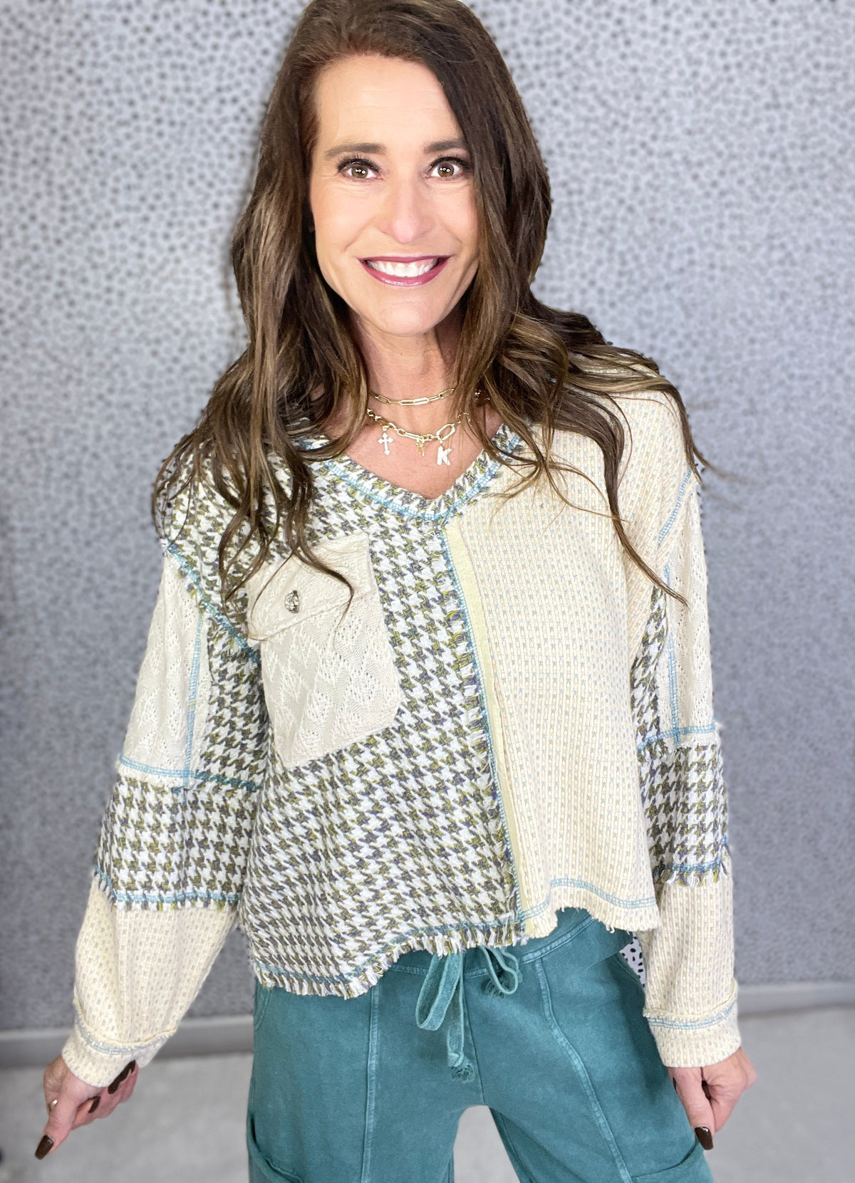 POL Steady And True Tweed Patch Long Sleeve Top In 2 Colors *Final Sale*