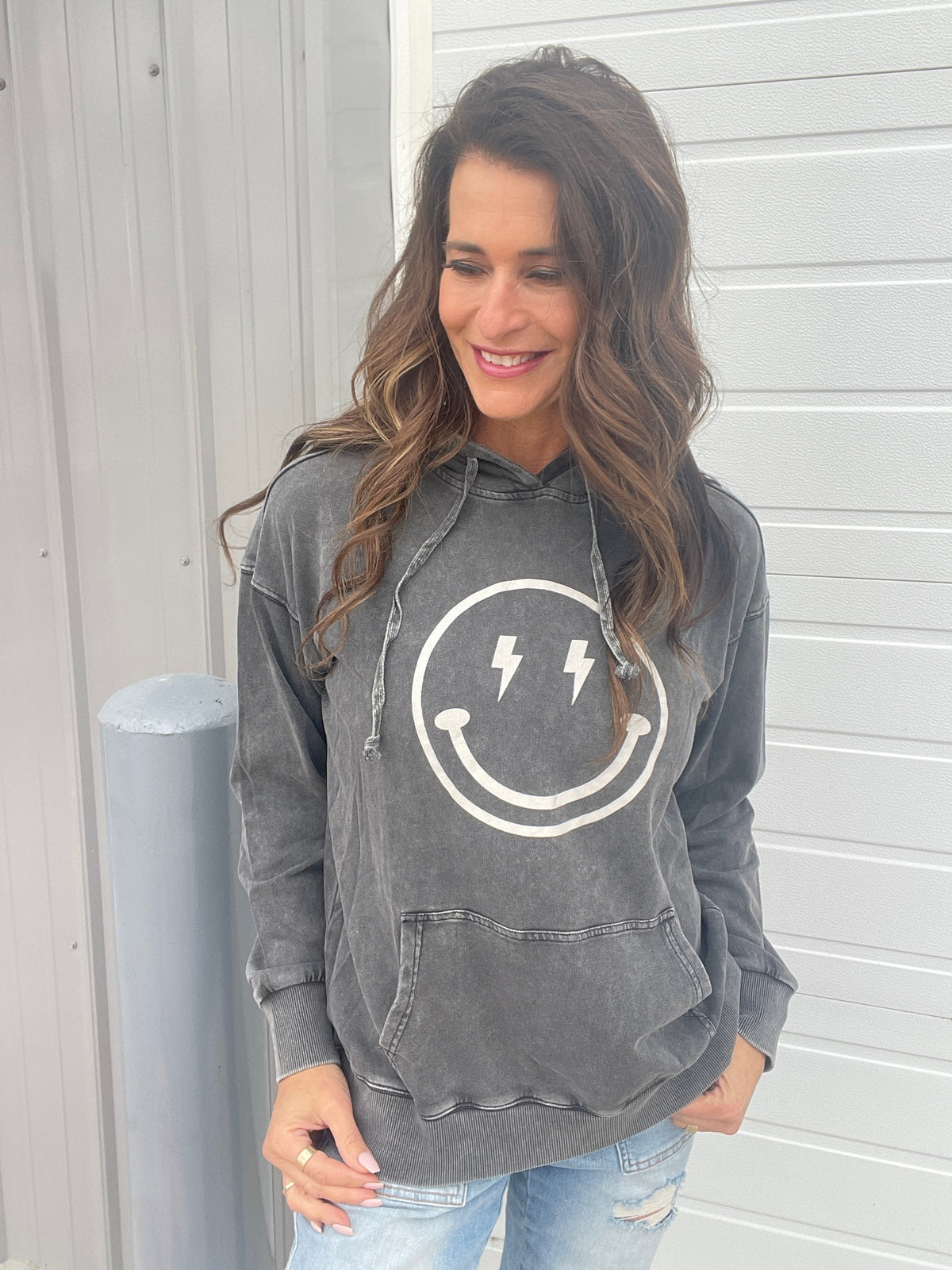 Happy All Around Mineral Washed Hoodie In 4 Colors: Camel, Coral, Smoke, Blue *Final Sale*
