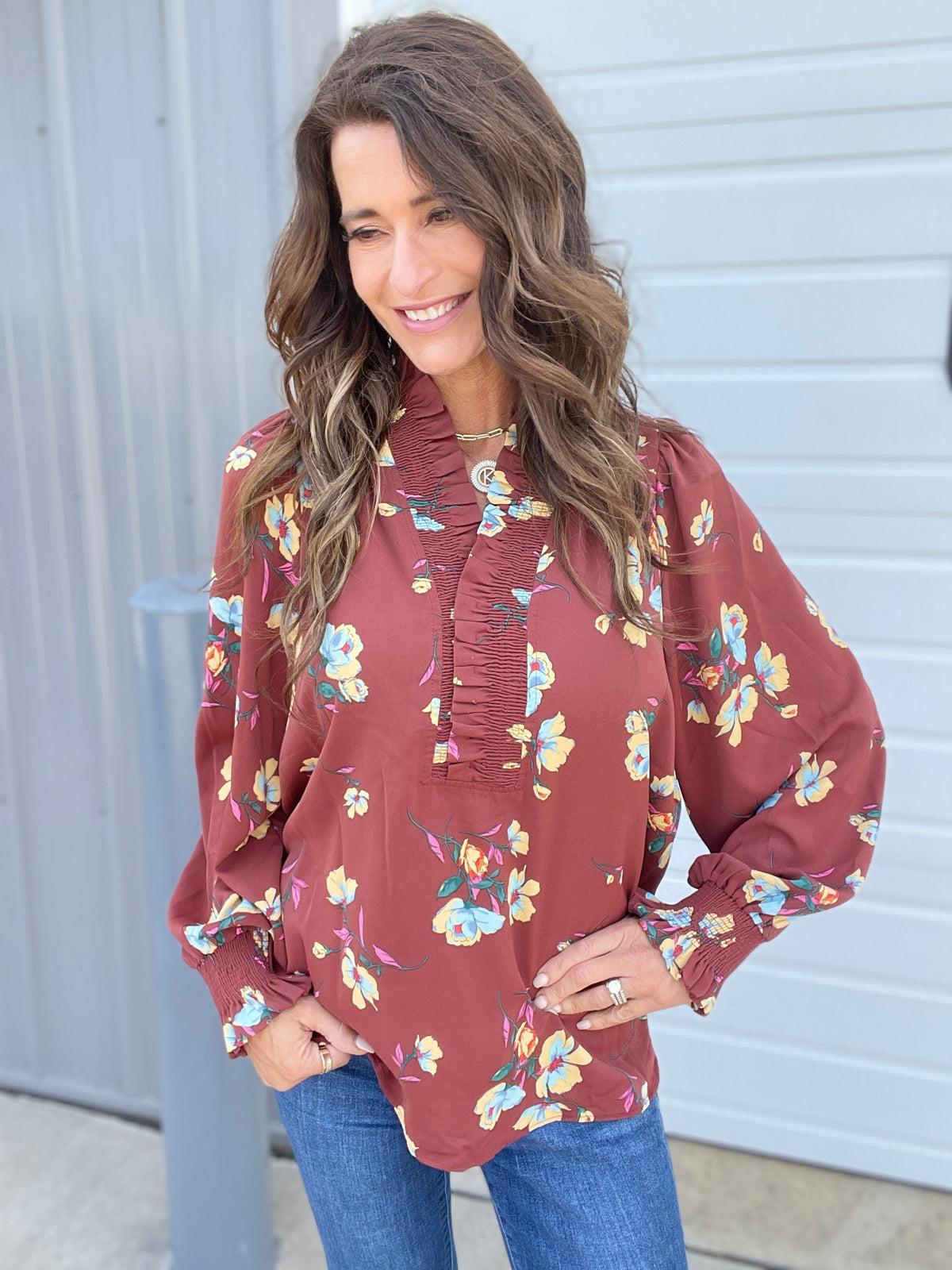 Beautiful Bliss Printed Woven Blouse In 2 Colors: Rose, Expresso *Final Sale*