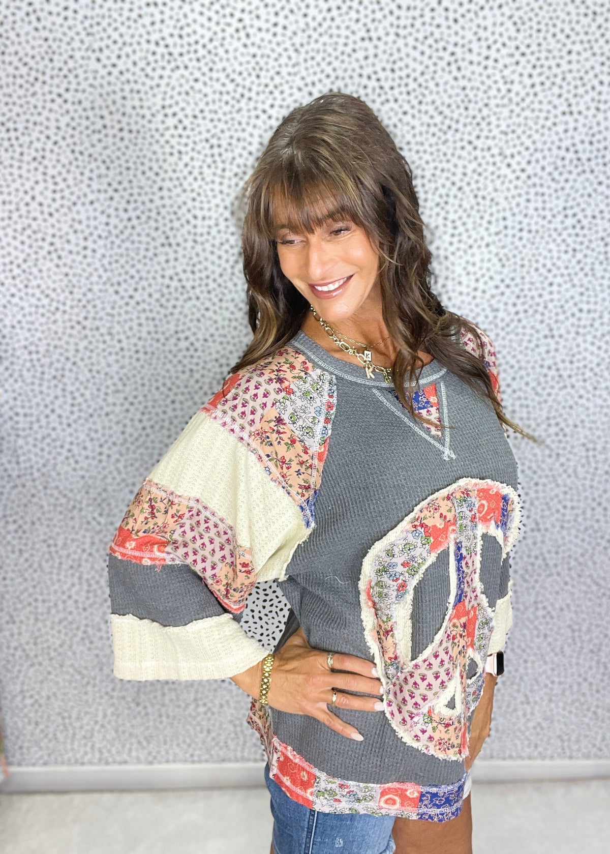 POL Patchwork Peace Times Top In Charcoal *Final Sale*