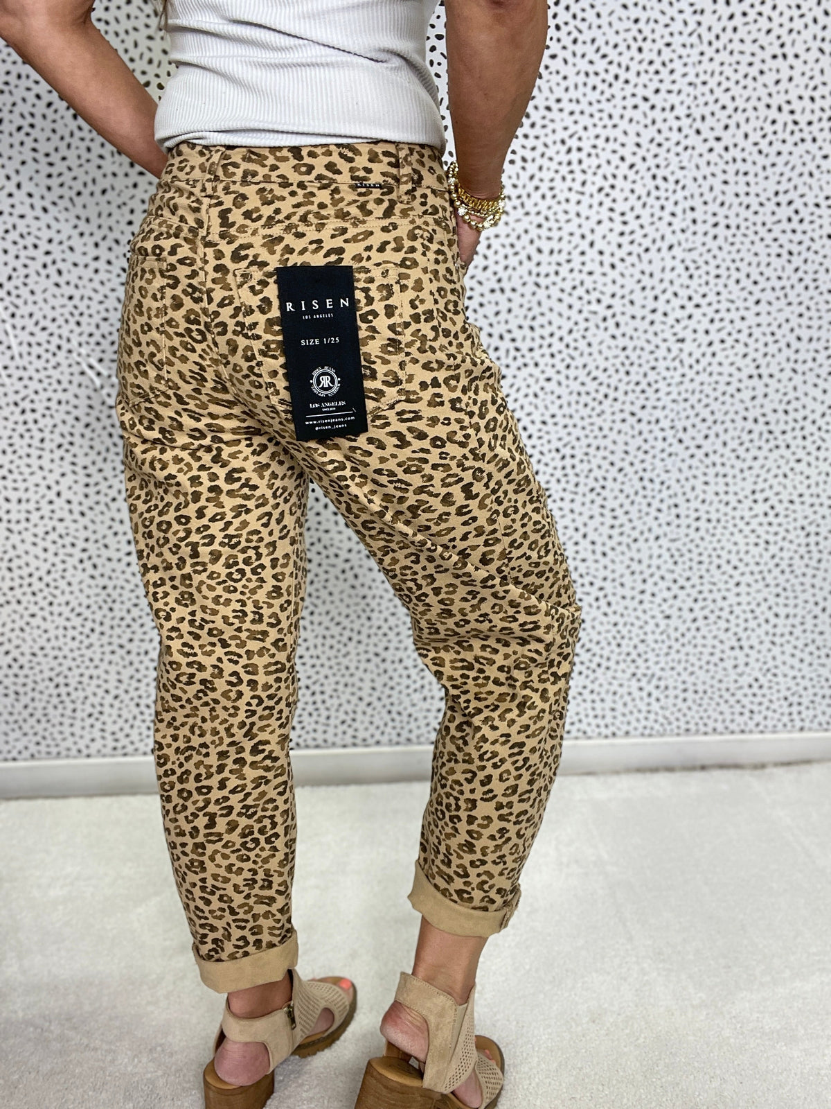 Risen Donna High Rise Crop Barrel Leopard Cuffed Jeans 146 In Camel