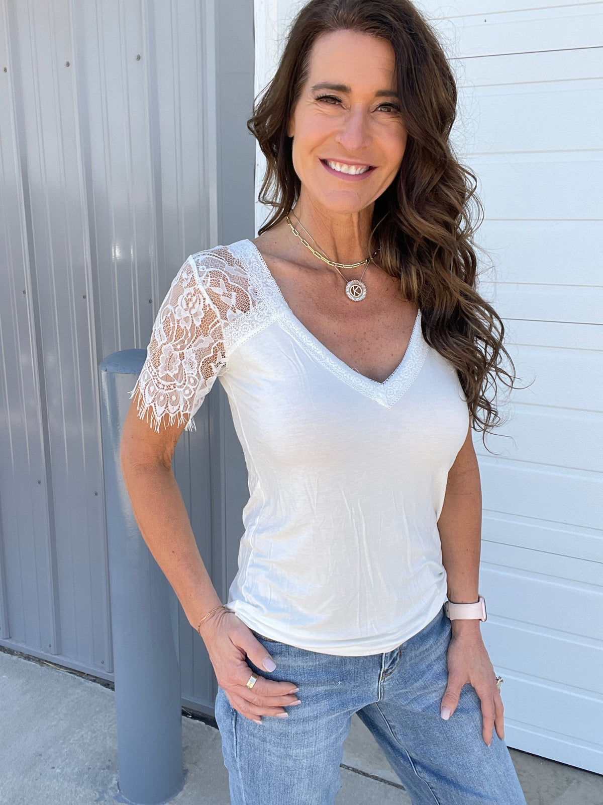 Pol Great Sweetness Lace Short Sleeve V Neck Knit Top In 4 Colors
