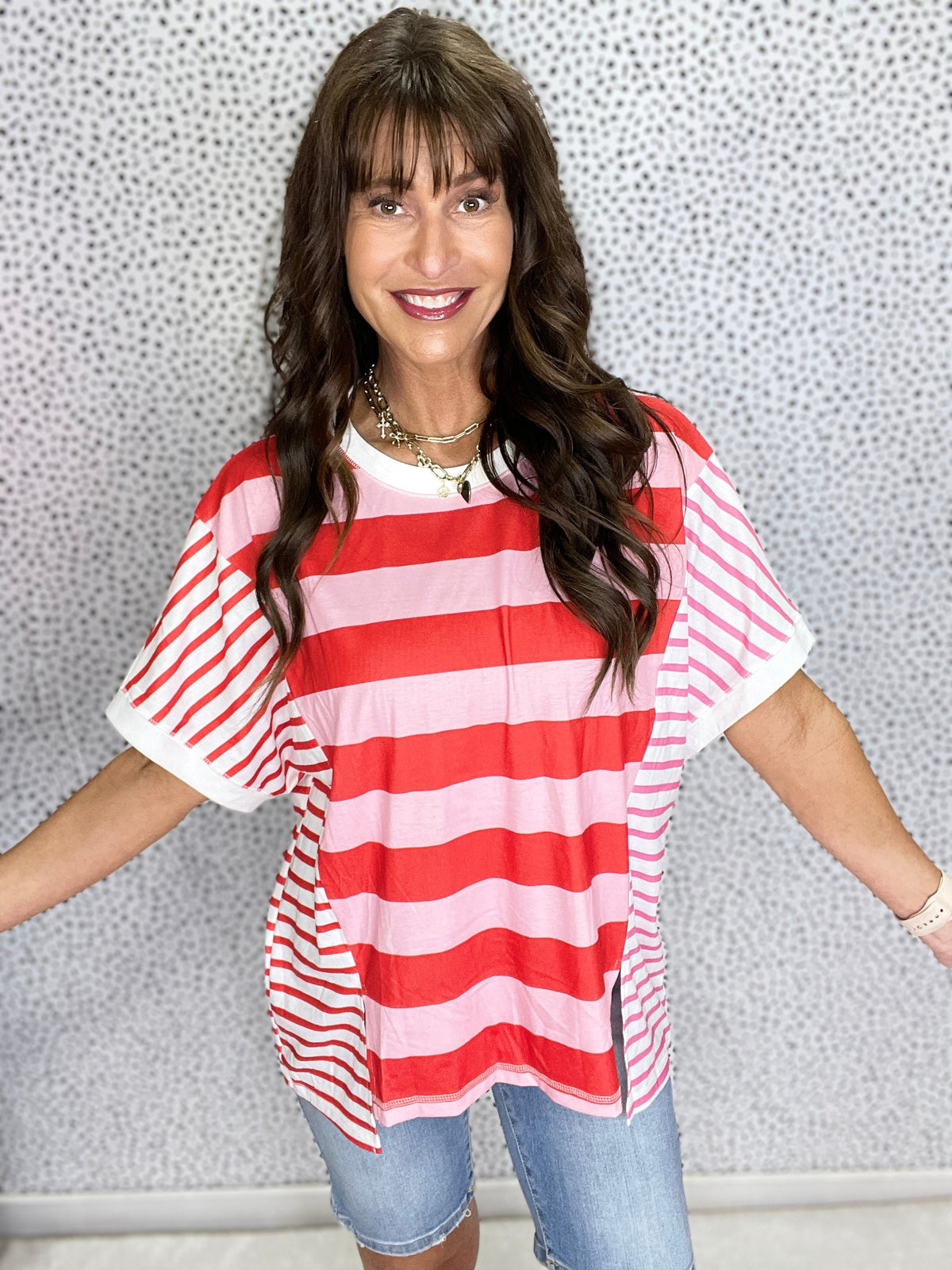 Gracie P Pink Stripe Color Block Side Split Easy Fit Top