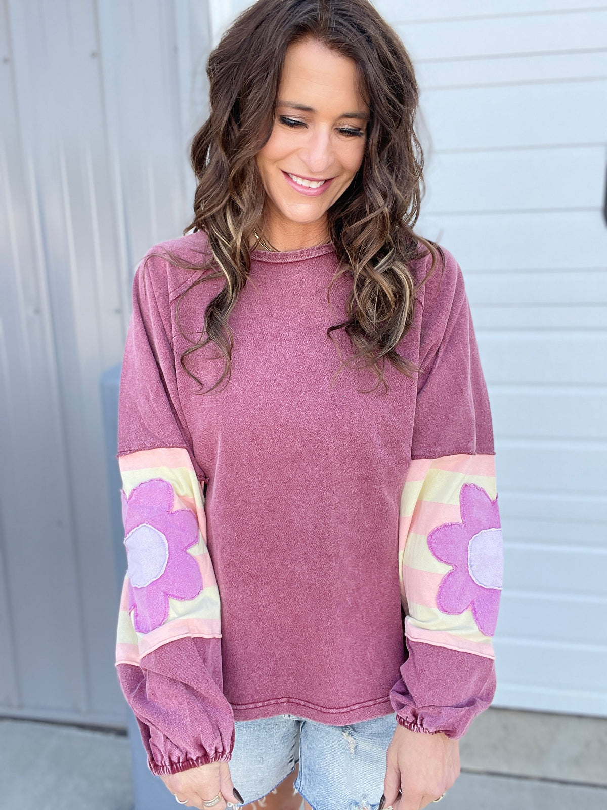 Faded Floral Patch Terry Knit Mineral Washed Long Sleeve Pullover in 4 Colors