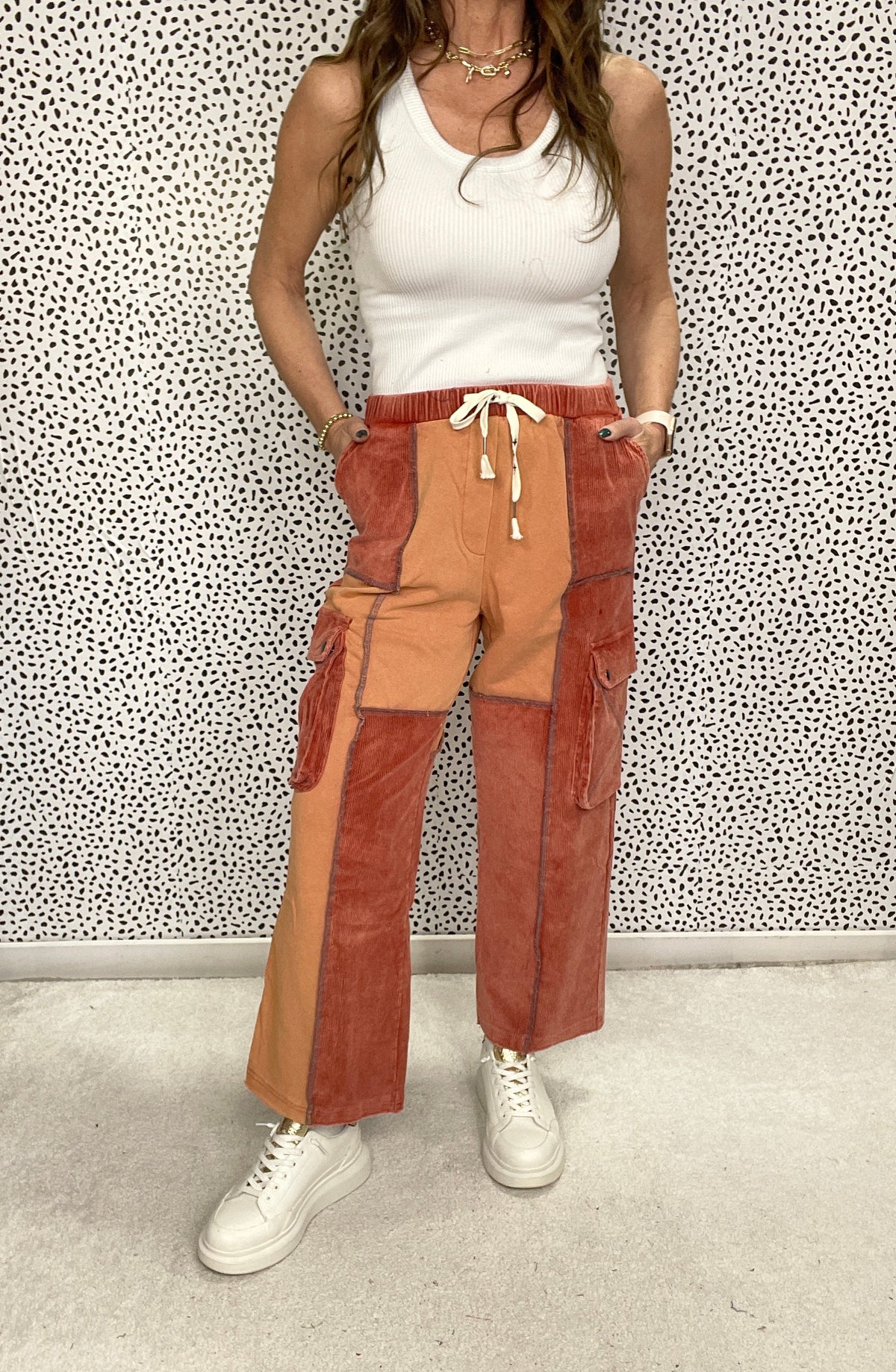 POL Spaced Out Color Block Cargo Pockets Pants In Brick *Final Sale*