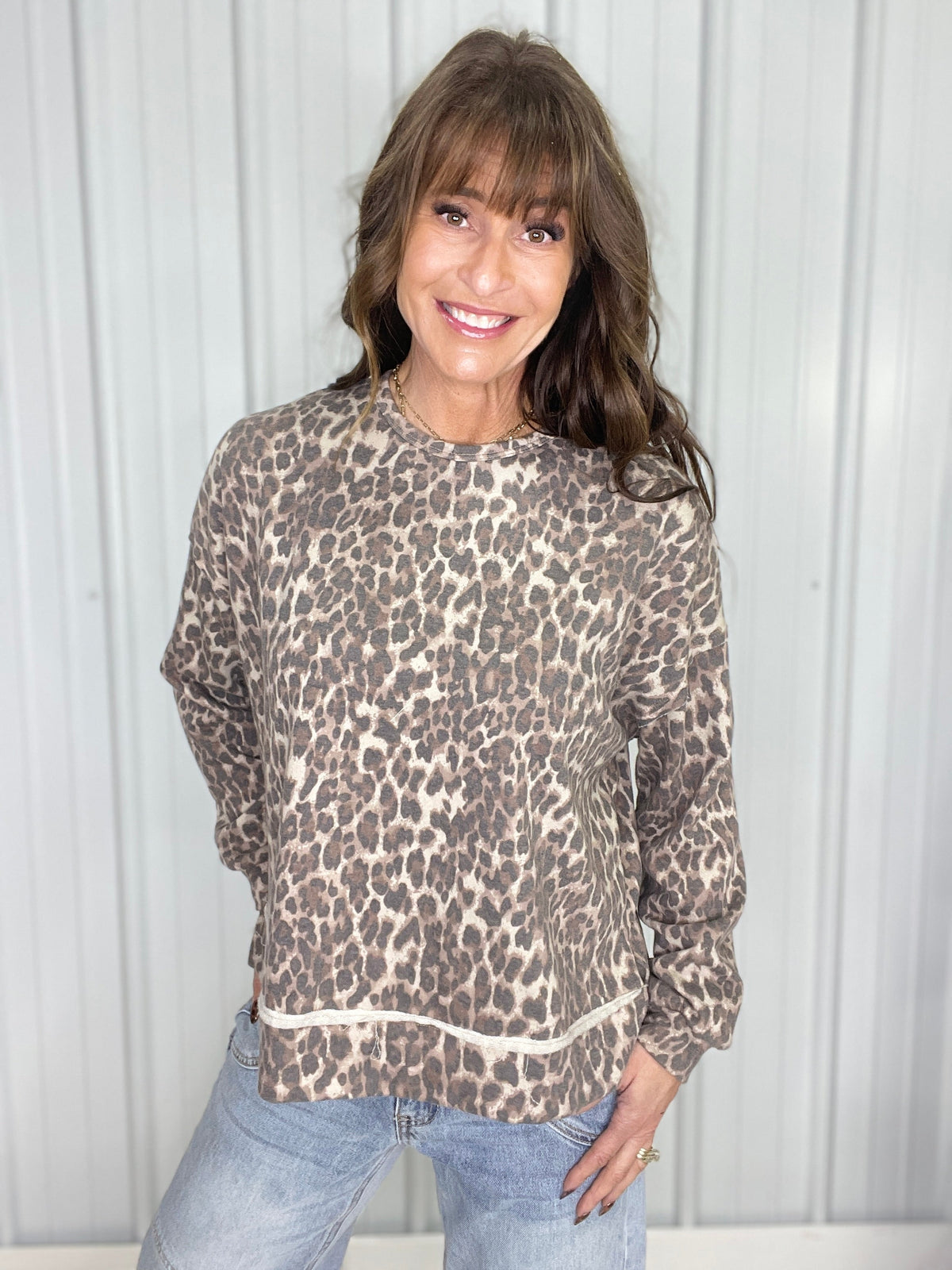 Wild Essence Animal Print Long Sleeve Crewneck In Mocha