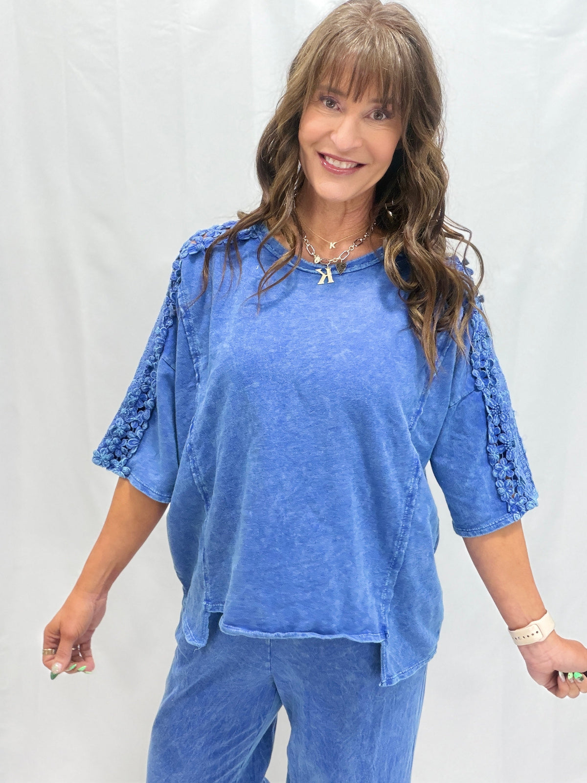 Petal Pusher Mineral Washed Flower Trim Lounge Top In 4 Colors
