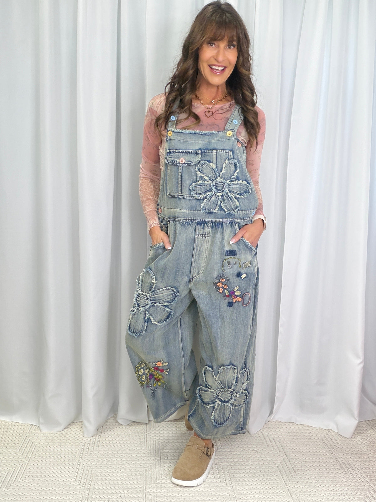Flower Patchwork Overalls In Denim