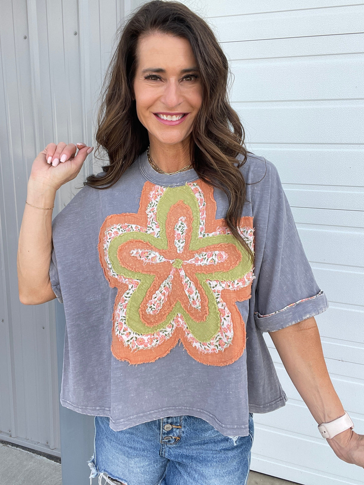 Bloom With Love Flower Patch Top In 6 Colors: Cream, Khaki, Slate, Magenta, Green, Pink *Final Sale*