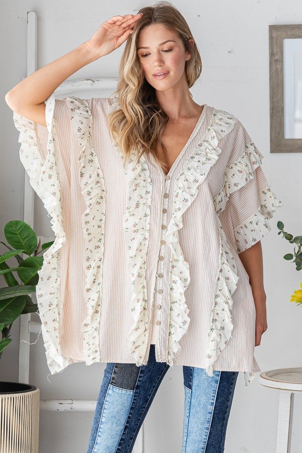 Oli & Hali All The Vibes V-Neck Short Sleeve Top In Apricot *Final Sale*