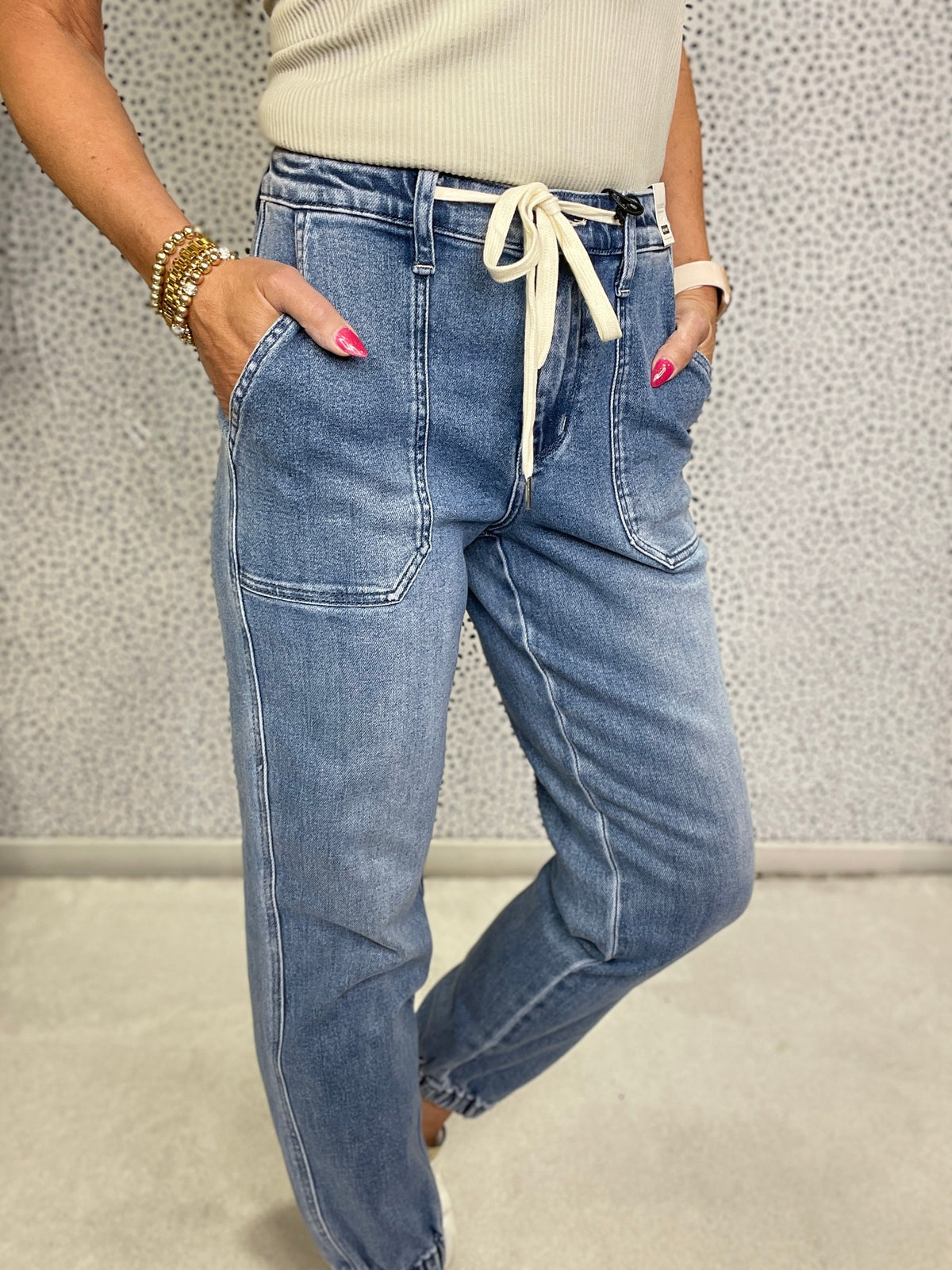 Judy Blue Macy High Rise Drawstring Jogger Jeans 948 In Medium *Final Sale*