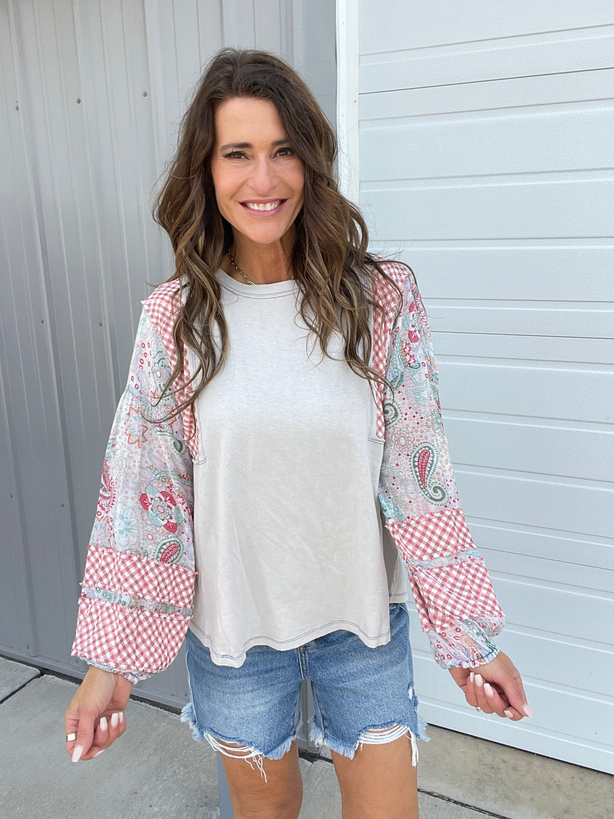 Show Me Around Mix Print Top In 5 Colors: Grey, Khaki, Camel, Olive, Mushroom *Final Sale*