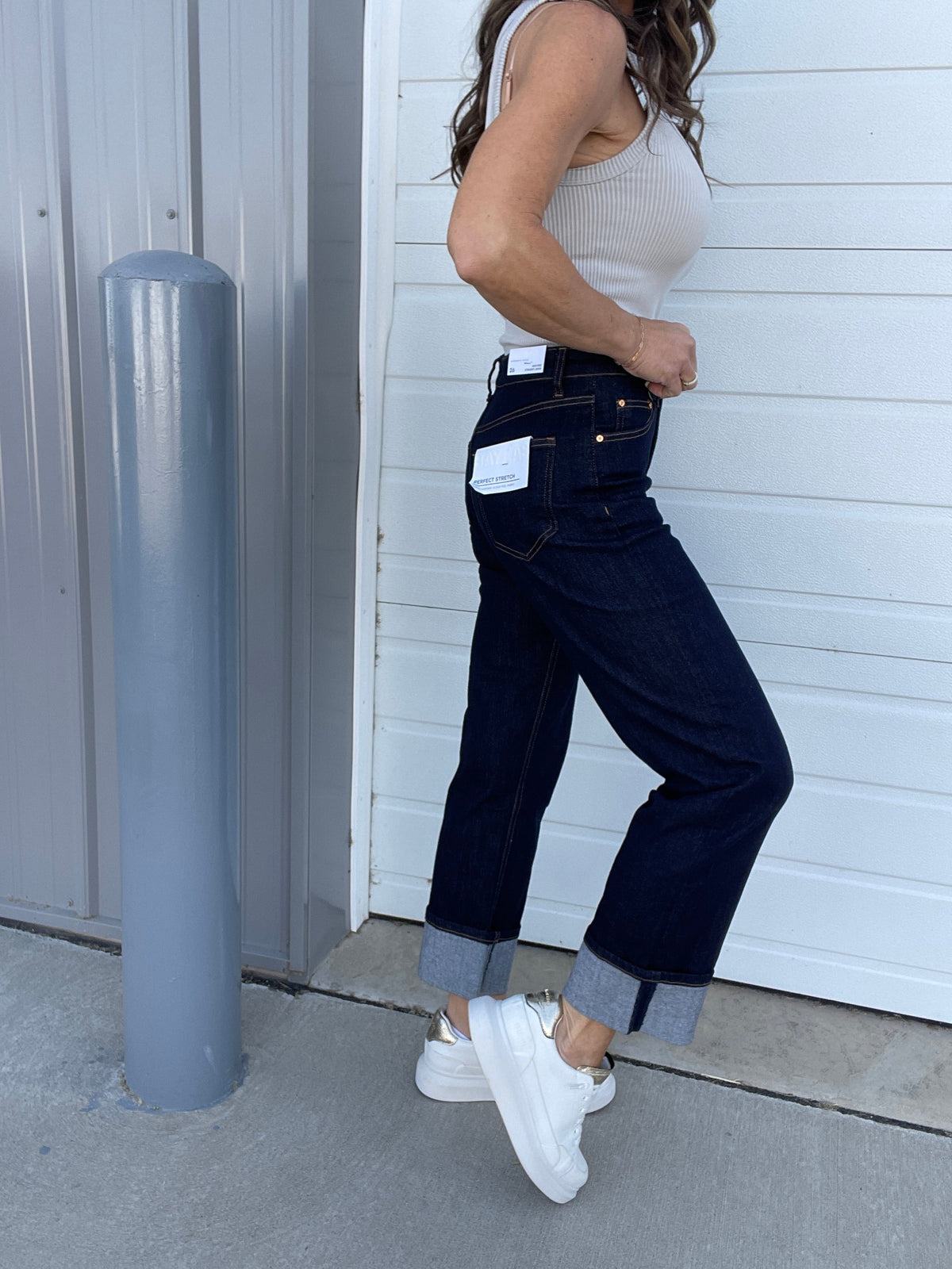 Bayeas Ashley Dark Blue Denim Non Distress High Rise Straight Leg with Rolled Hem 182