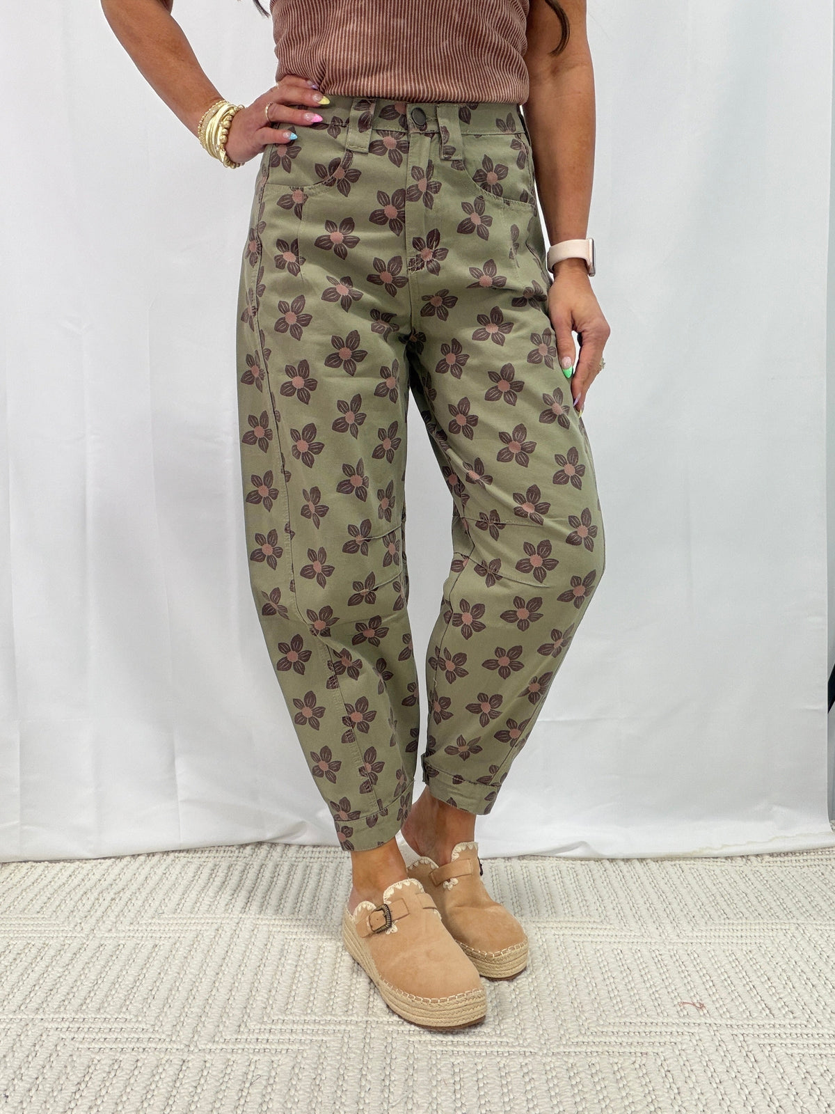 Picture This Flower Print Barrel Pants In Olive