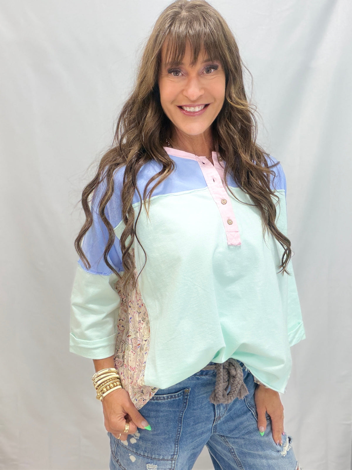 Boho Bliss Print Mix Color Block Terry Knit Henley In 3 Colors