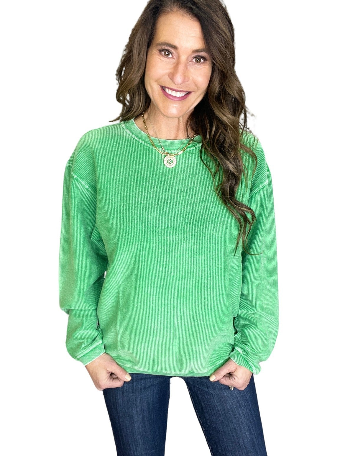 Snow Washed Essential Corded Crew Sweatshirt in Preppy Green