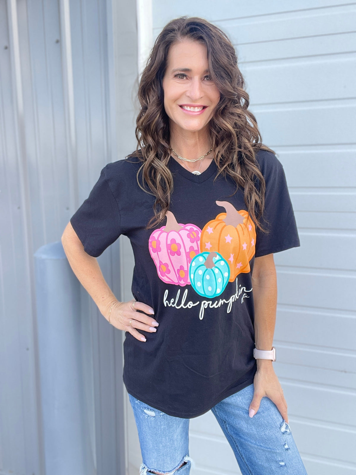 Hello Pumpkin Graphic V Neck Tee Shirt *Final Sale*