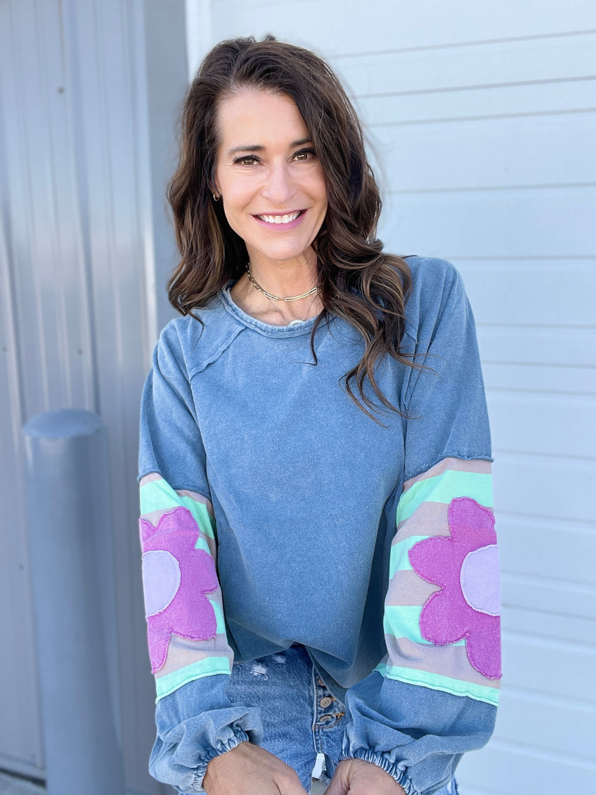 Faded Floral Patch Terry Knit Mineral Washed Long Sleeve Pullover in 4 Colors