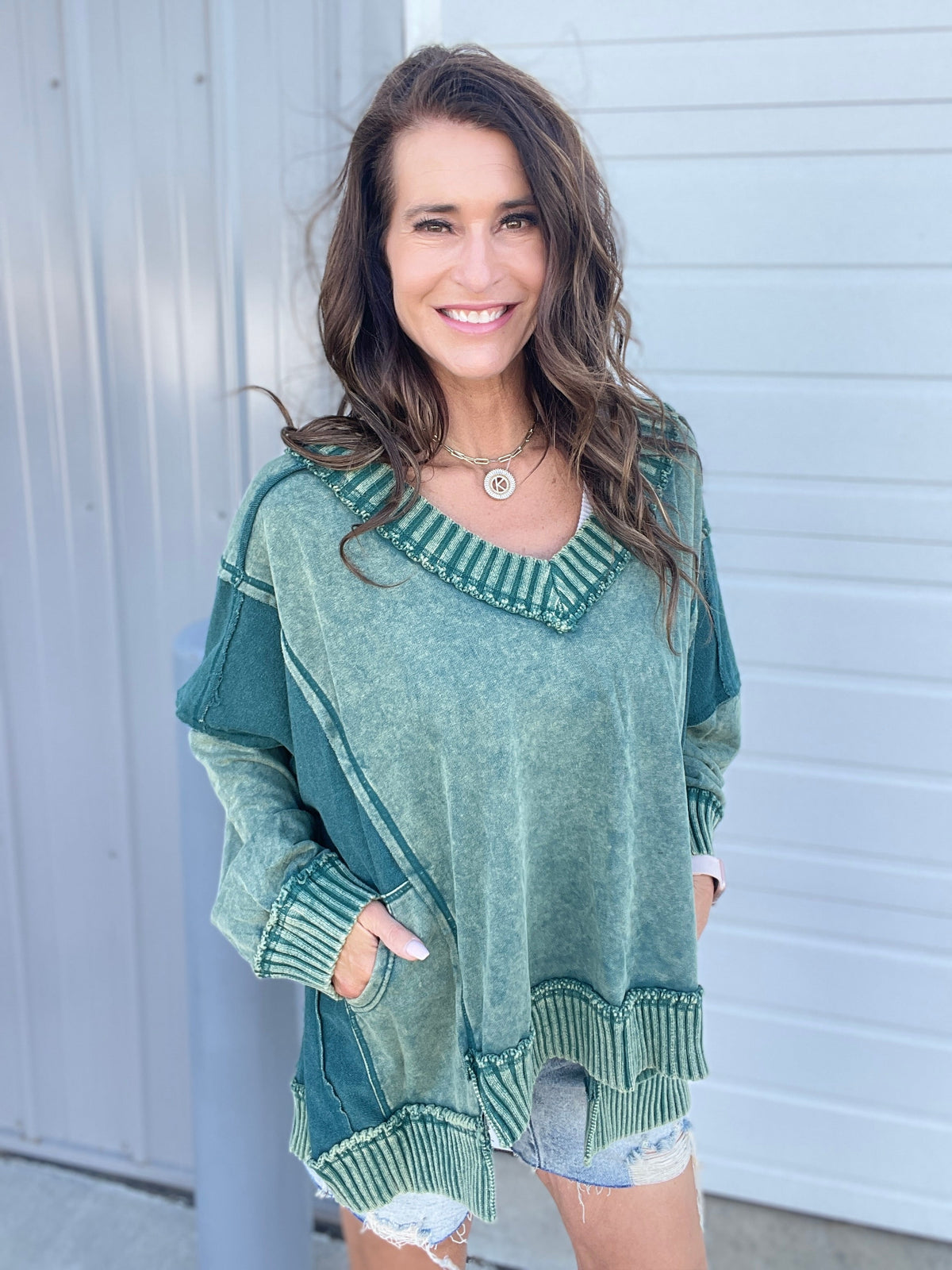 Oli & Hali Time For Comfort Oversized Terry Knit V-Neck Top In 3 Colors: Green, Black, Chili *Final Sale*