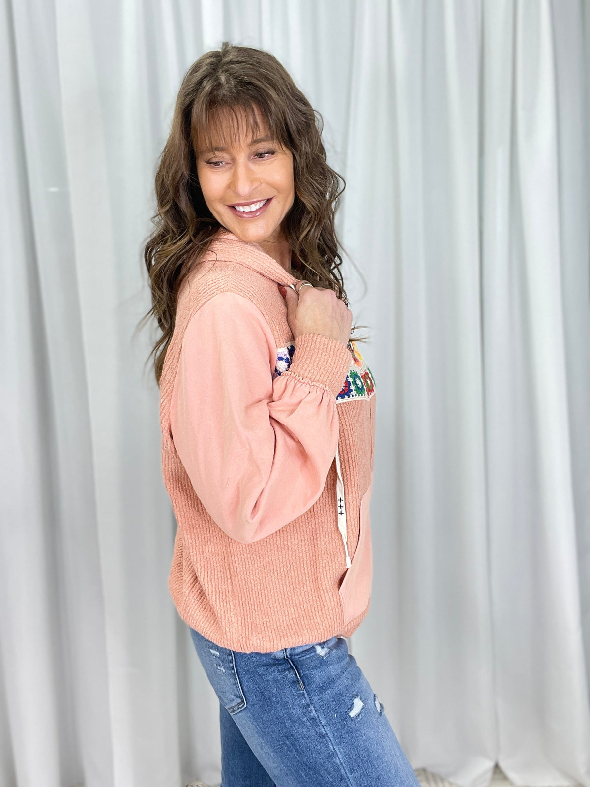POL Chasing Daylight Oversized Granny Square Top In Peach