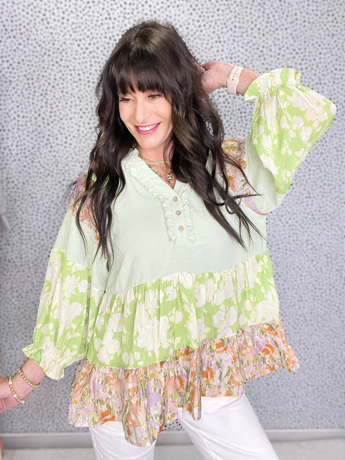 Better Believe It Print Mix Tiered Top In 2 Colors *Final Sale*