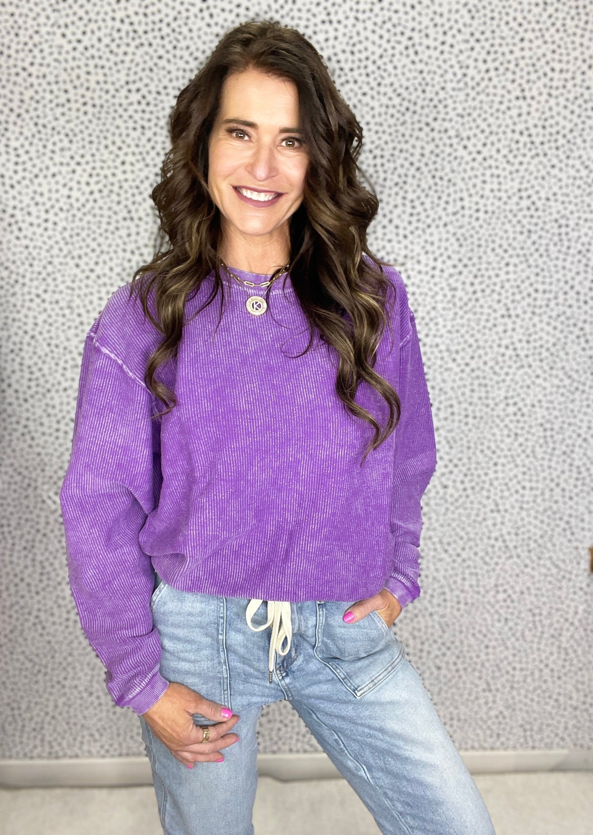 Snow Washed Corded Crewneck Mid Grey, Baby Blue, Mint, Purple