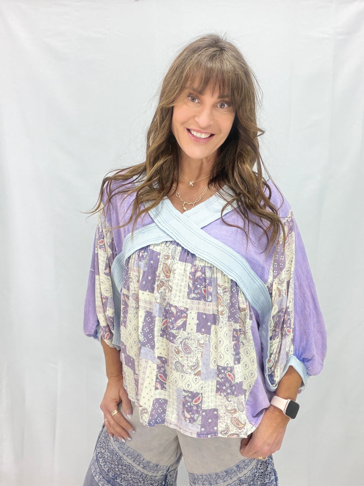 Oli & Hali Late One Night Crossed Patchwork Top In 2 Colors