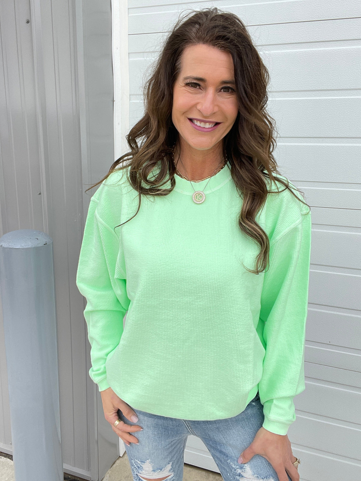 Neon Snow Washed Corded Crewneck in Neon Coral, Yellow, Pink, Lime