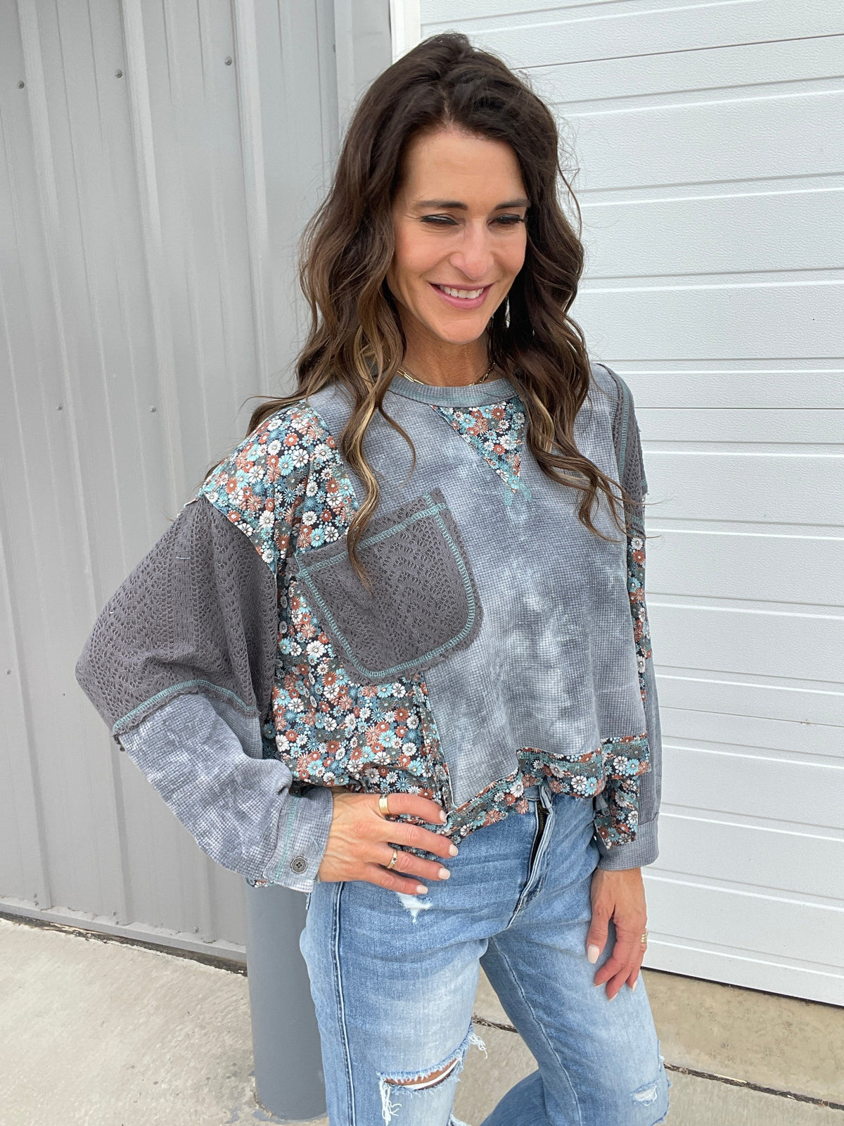 Pol Floral Paradise Accent Knit Crewneck In 4 Colors
