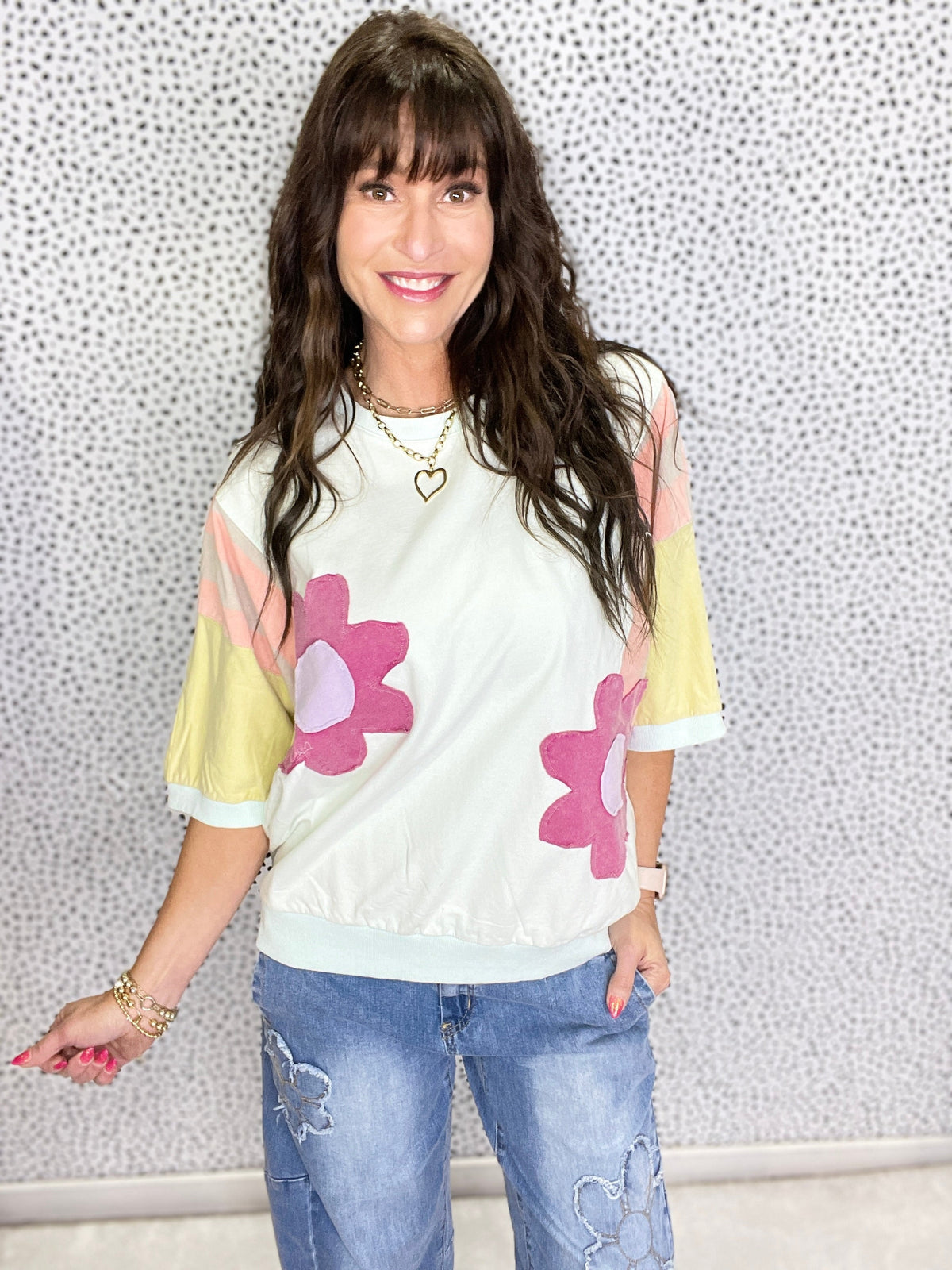Blooming Marvelous Color Block Flower Patch Terry Knit Top In 3 Colors *Final Sale*