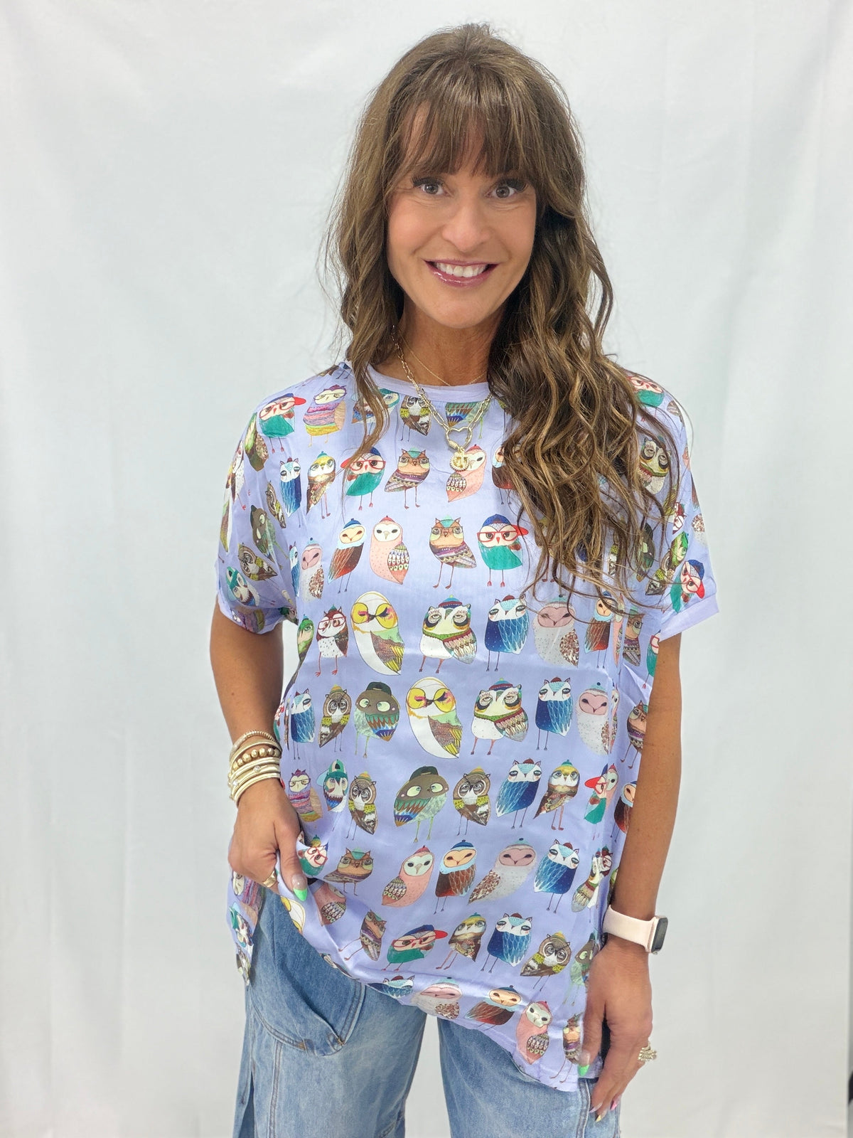 Golden Hour Glow Owl Print Loose Fit Top In Peri Blue