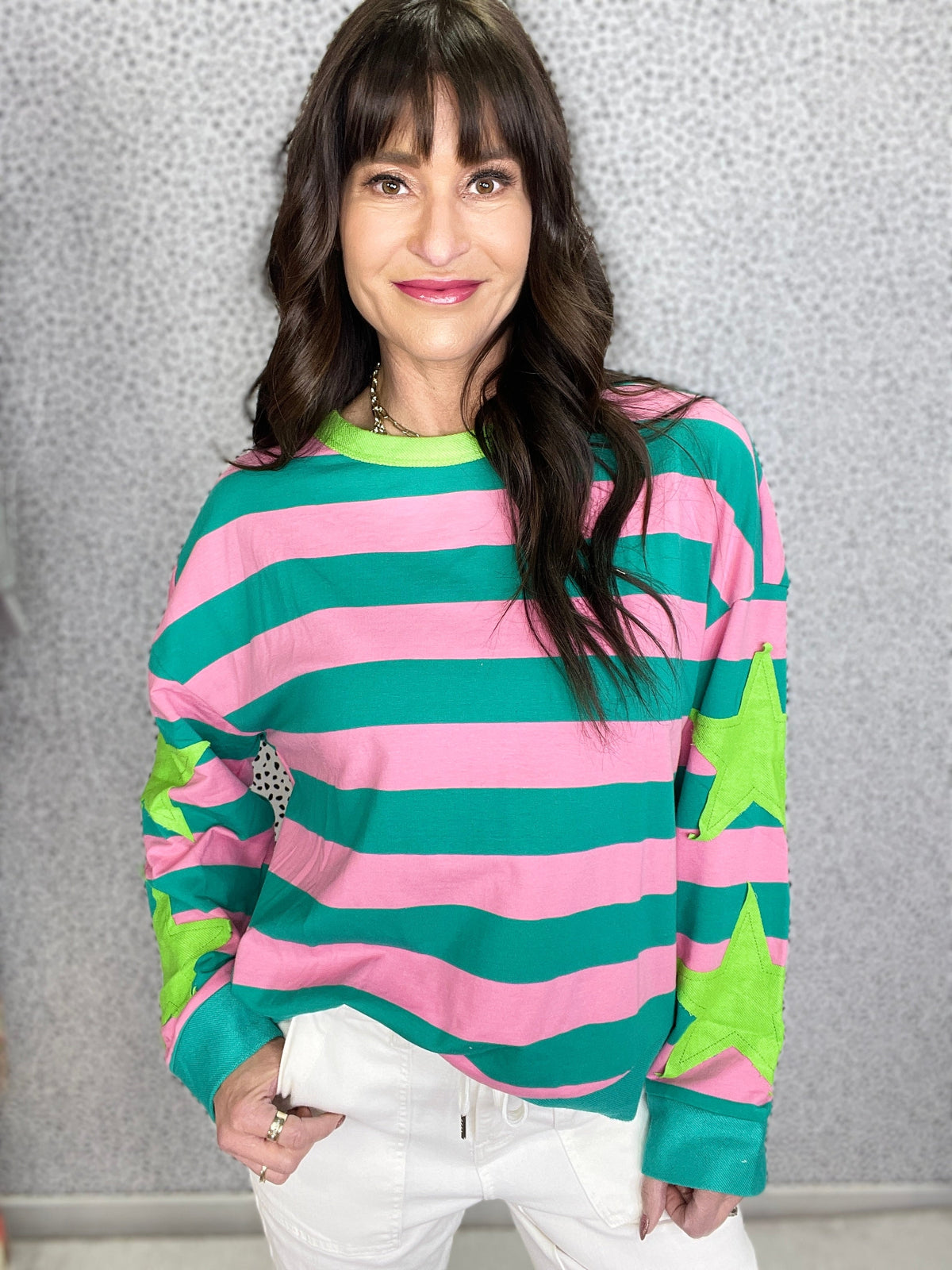 Wanna Be My Star Stripe With Star Patches Round Neck Pullover