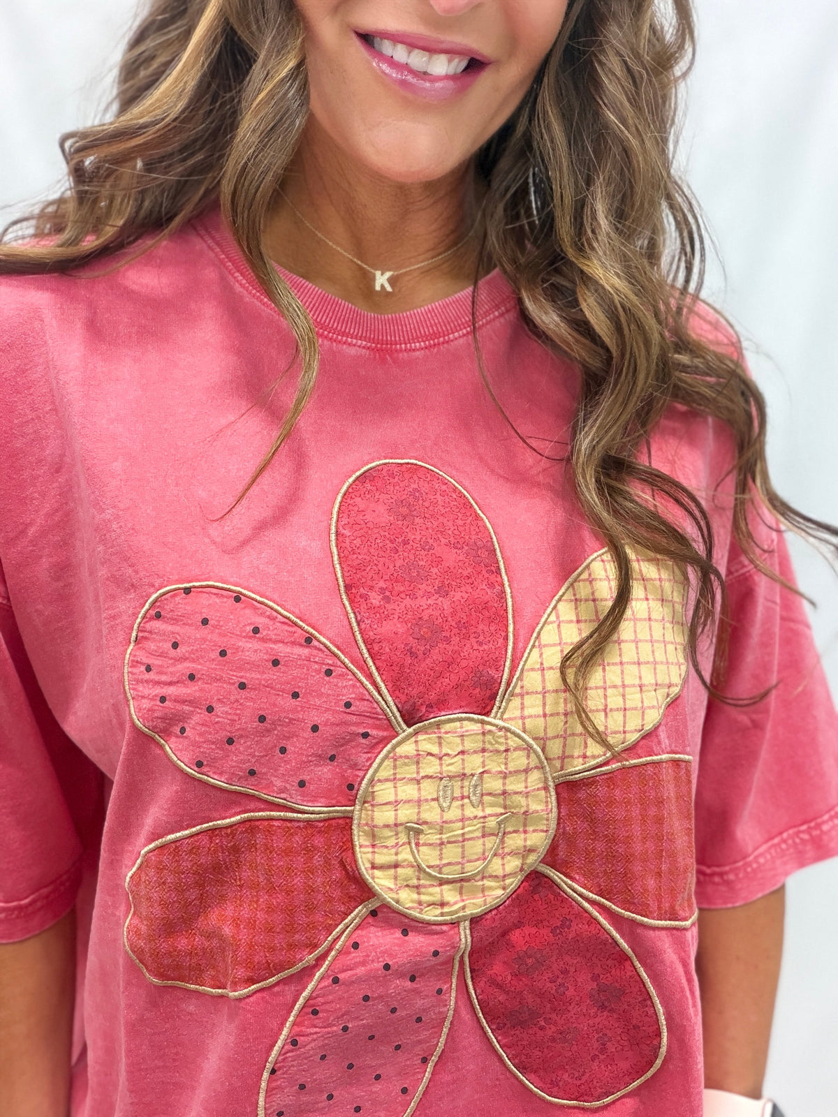 Take The Hint Floral Smiley Face Patch Top In 2 Colors