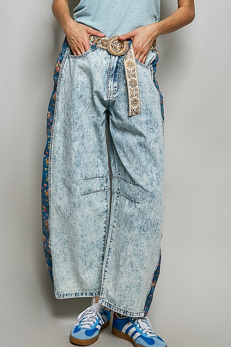 POL Contrast Stitch Floral Dart Pants In Denim *Final Sale*