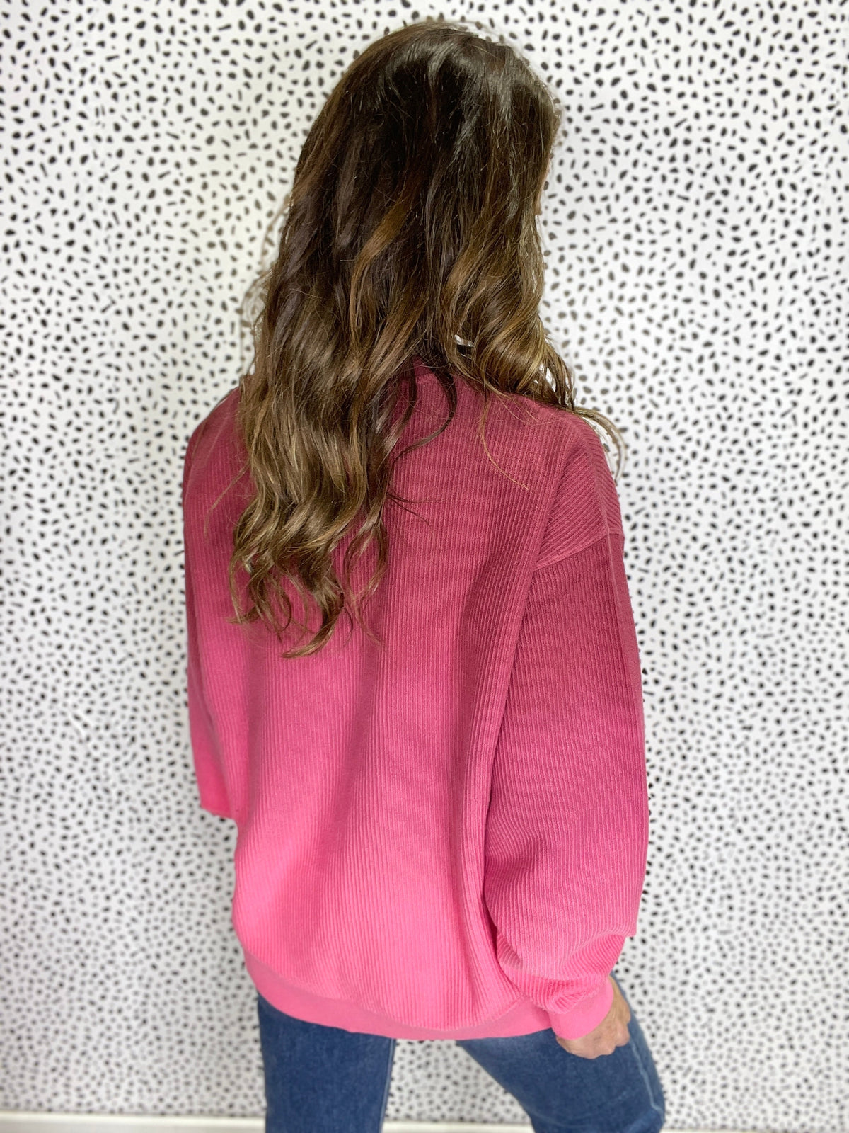 Ombre Cranberry Melt Snow Washed Corded Crewneck Pullover Sweatshirt