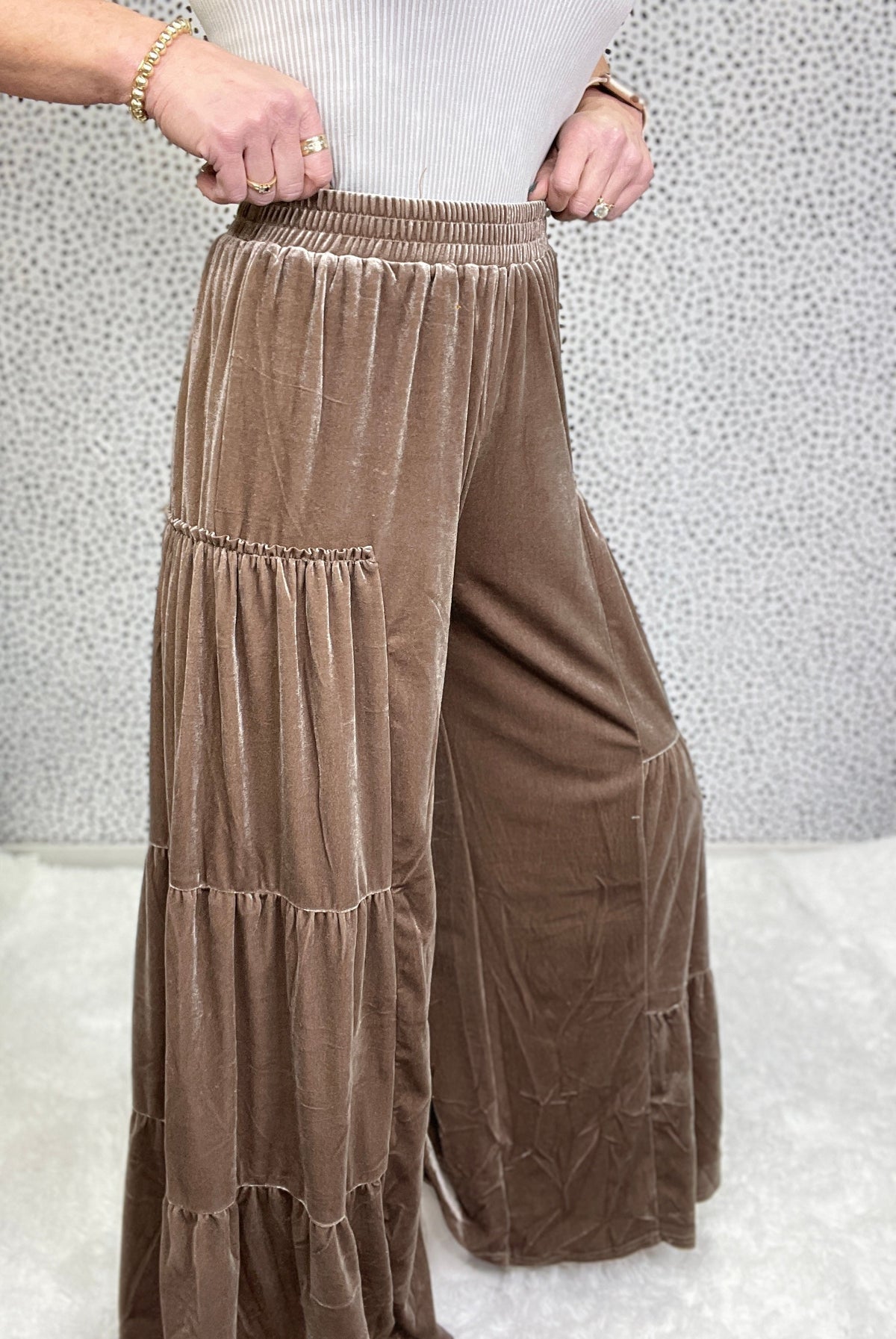 Do It Right Velvet Tiered Wide Ruffle Pants In 2 Colors *Final Sale*