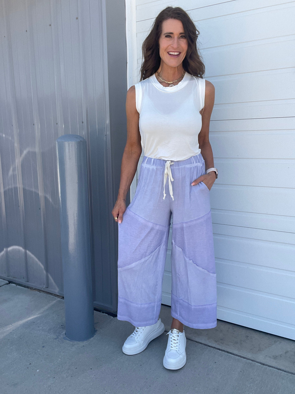 Pol Play Date Loose Wide Leg Cropped Pants In 7 Colors: Aqua, Lilac, Grey, Pink, Beige, Black, Desert Sage *Final Sale*