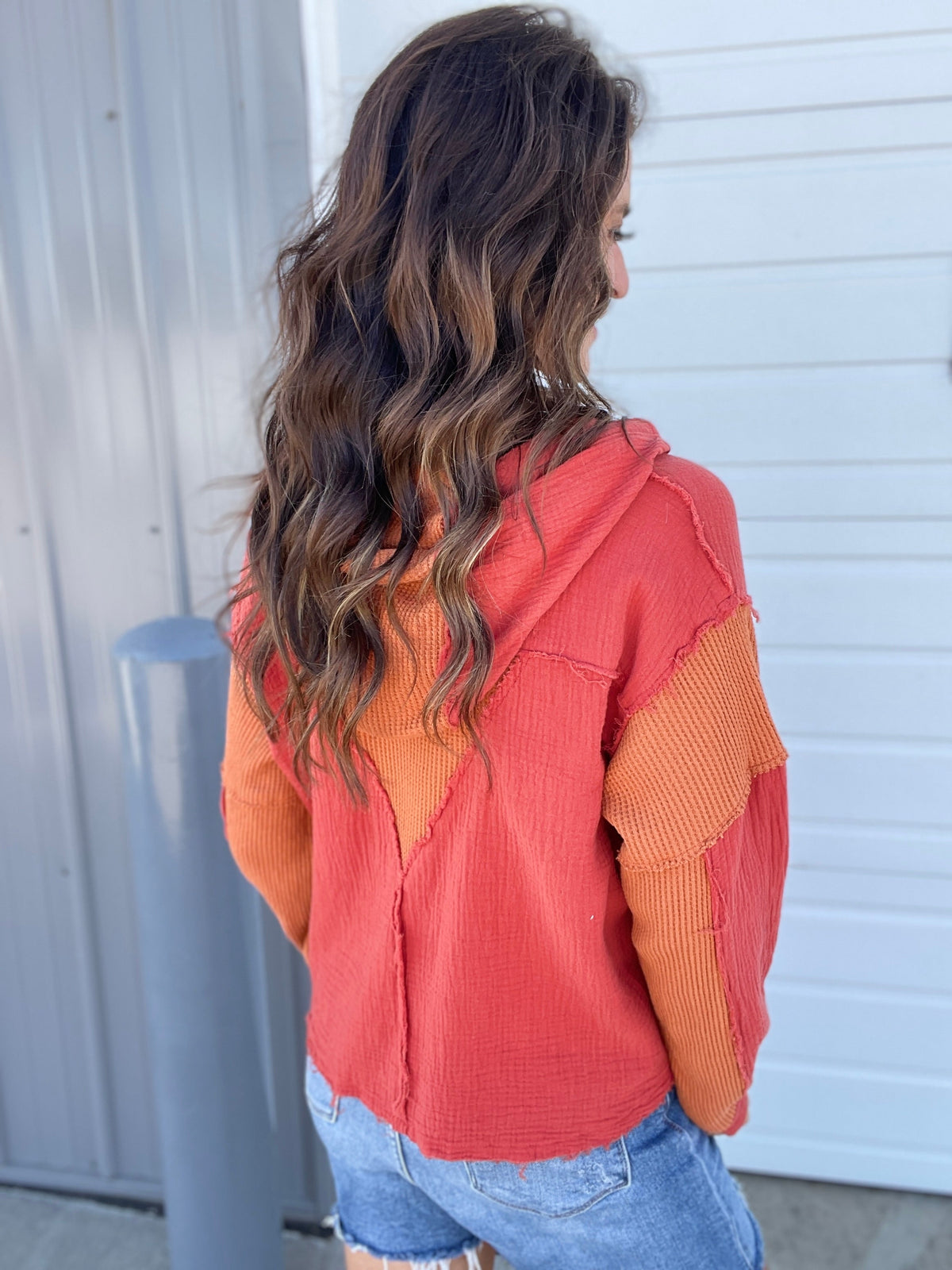 Pol Twenty Questions Woven Hoodie Top In Sunset *Final Sale*