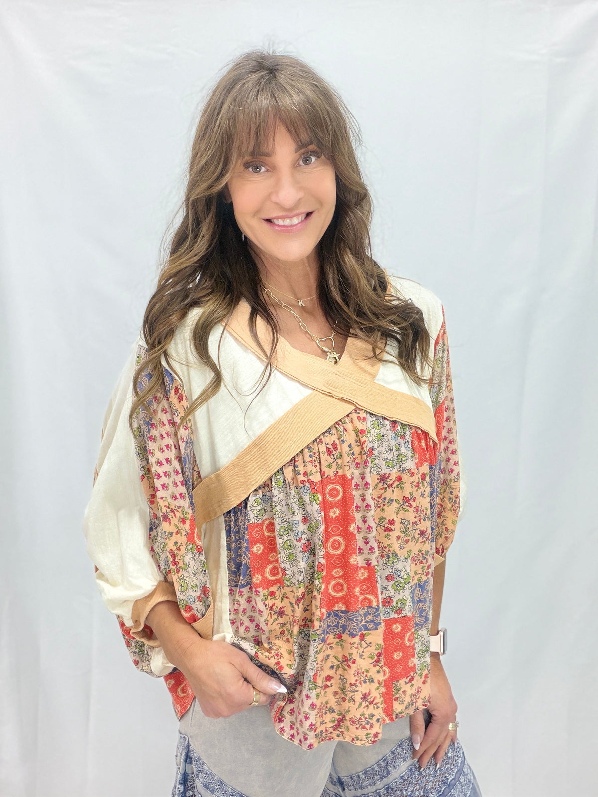 Oli & Hali Late One Night Crossed Patchwork Top In 2 Colors