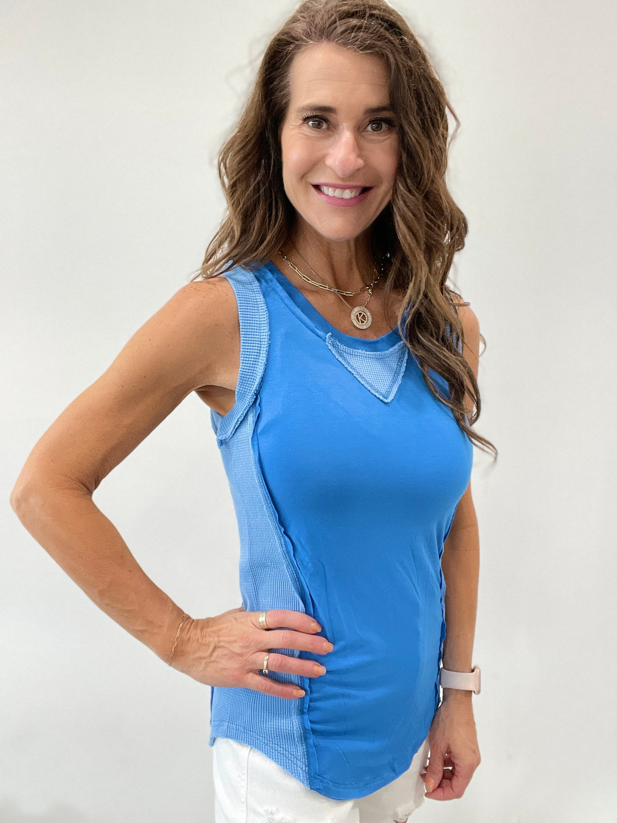 Pol Inset Sleeveless Tank Top With Back Zipper In 5 Colors: Black, Blue, Ivory, Coral, Oatmeal *Final Sale*